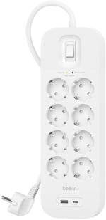 Belkin 4'lü çoklu priz, yüksek gerilim korumalı, duvara montaj, 4 priz, 2 m güç kablosu, yeşil ışıklı gösterge, hızlı şarj için USB C - Seçenekler: 4 plugg, 8 plugg, 6 plugg, USB-A + USB-C, Çift USB-C