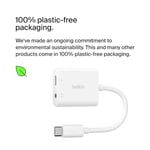 Belkin RockStar™ 3,5 mm Ses + USB-C® Şarj Adaptörü, USB-C 60W Güç Dağıtımlı Kulaklık Adaptörü iPhone 15, iPad Pro, Galaxy, Note, Google Pixel, LG, Sony Xperia ve Daha Fazlası İçin Hızlı Şarj - Beyaz