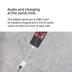 Belkin RockStar™ 3,5 mm Ses + USB-C® Şarj Adaptörü, USB-C 60W Güç Dağıtımlı Kulaklık Adaptörü iPhone 15, iPad Pro, Galaxy, Note, Google Pixel, LG, Sony Xperia ve Daha Fazlası İçin Hızlı Şarj - Beyaz
