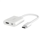 Belkin RockStar™ 3,5 mm Ses + USB-C® Şarj Adaptörü, USB-C 60W Güç Dağıtımlı Kulaklık Adaptörü iPhone 15, iPad Pro, Galaxy, Note, Google Pixel, LG, Sony Xperia ve Daha Fazlası İçin Hızlı Şarj - Beyaz