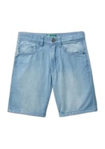 Benetton Erkek Çocuk Açık Mavi Logo İşlemeli 5 Cepli Kemer Delikli Denim Bermuda Şort