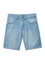 Benetton Erkek Çocuk Açık Mavi Logo İşlemeli 5 Cepli Kemer Delikli Denim Bermuda Şort