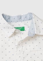 Benetton Erkek Çocuk Beyaz Göğsü Cep Detaylı Mikro Desenli Uzun Kollu Poplin Gömlek