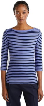 Benetton Kadın Mavi%100 Pamuk Sol Altı Logolu Uzun Kollu Kayık Yaka T-Shirt