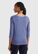 Benetton Kadın Mavi%100 Pamuk Sol Altı Logolu Uzun Kollu Kayık Yaka T-Shirt