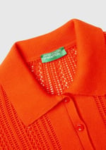 Benetton Kadın Nar Çiçeği%100 Pamuk Tığ İşi Kolları Büzgülü Polo Yaka Triko T-Shirt