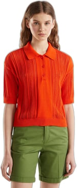 Benetton Kadın Nar Çiçeği%100 Pamuk Tığ İşi Kolları Büzgülü Polo Yaka Triko T-Shirt