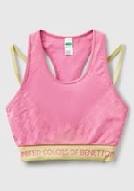 Benetton Kadın Pembe Desenli Beli Logo Bantlı Askı Detaylı Crop Atlet