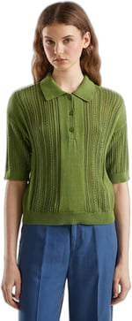 Benetton Kadın Soluk Yeşil%100 Pamuk Tığ İşi Kolları Büzgülü Polo Yaka Triko T-Shirt