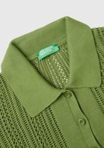 Benetton Kadın Soluk Yeşil%100 Pamuk Tığ İşi Kolları Büzgülü Polo Yaka Triko T-Shirt