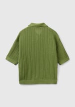 Benetton Kadın Soluk Yeşil%100 Pamuk Tığ İşi Kolları Büzgülü Polo Yaka Triko T-Shirt