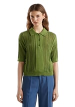Benetton Kadın Soluk Yeşil%100 Pamuk Tığ İşi Kolları Büzgülü Polo Yaka Triko T-Shirt