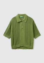 Benetton Kadın Soluk Yeşil%100 Pamuk Tığ İşi Kolları Büzgülü Polo Yaka Triko T-Shirt