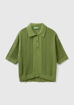 Benetton Kadın Soluk Yeşil%100 Pamuk Tığ İşi Kolları Büzgülü Polo Yaka Triko T-Shirt