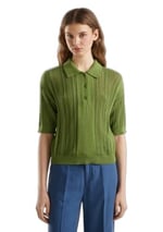 Benetton Kadın Soluk Yeşil%100 Pamuk Tığ İşi Kolları Büzgülü Polo Yaka Triko T-Shirt