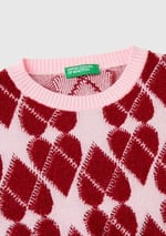 Benetton Kız Çocuk Açık Pembe Tamamı Desenli Jakarlı Bisiklet Yaka Kazak