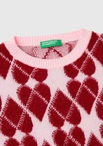 Benetton Kız Çocuk Açık Pembe Tamamı Desenli Jakarlı Bisiklet Yaka Kazak