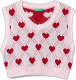 Benetton Kız Çocuk Açık Pembe Tamamı Kalp Desenli Kolsuz V Yaka Süveter
