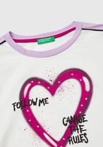 Benetton Kız Çocuk Beyaz Önü Baskılı Kontrast Renkli Geniş Bisiklet Yaka T-Shirt
