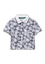 Benetton Kız Çocuk Lacivert-Beyaz Tamamı Desenli Parlak Logo İşlemeli Düğmeli Polo Yaka T-Shirt