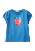 Benetton Kız Çocuk Saks Mavi Önü Grafik Baskılı Kolları Büzgülü Bisiklet Yaka T-Shirt