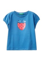 Benetton Kız Çocuk Saks Mavi Önü Grafik Baskılı Kolları Büzgülü Bisiklet Yaka T-Shirt