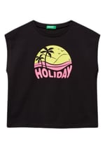Benetton Kız Çocuk Sarı Grafik Baskılı Kısa Kollu T-Shirt