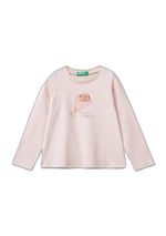Benetton Kız Çocuk Toz Pembe Su Bazlı Parlak Baskılı Normal Kesim Uzun Kollu T-Shirt