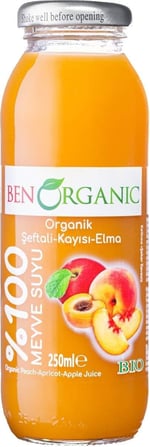BenOrganic Şeftali Kayısı Elma Suyu 250 ml Cam Şişe