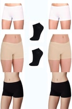 Berrak Kadın Renkli Likralı Boxer Şort, 6'lı Paket, Siyah-Beyaz-Ten, XL Beden, 2 Çift Bambu Patik Çorap Hediyeli