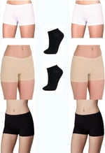 Berrak Kadın Renkli Likralı Boxer Şort, 6'lı Paket, Siyah-Beyaz-Ten, XL Beden, 2 Çift Bambu Patik Çorap Hediyeli