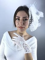 Beyaz Dantel Desenli Gelin Eldiveni Ve Vualet Takımı