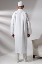 Beyaz Erkek Namaz Elbisesi V Yaka Düğmesiz Önü Açık Namaz Cübbesi