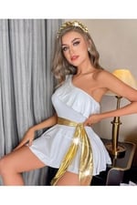 Beyaz Helen Kız Beli Sarı Parlak Kuşaklı Tek Omuz Babydoll -3595