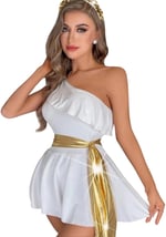 Beyaz Helen Kız Beli Sarı Parlak Kuşaklı Tek Omuz Babydoll -3595