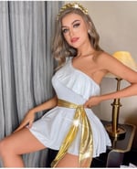 Beyaz Helen Kız Beli Sarı Parlak Kuşaklı Tek Omuz Babydoll -3595