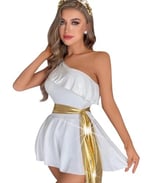 Beyaz Helen Kız Beli Sarı Parlak Kuşaklı Tek Omuz Babydoll -3595