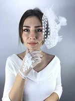 Beyaz Kısa Dantelli Gelin Eldiveni Ve Vualet Takımı