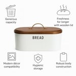 Beyaz Metal Ekmek Kutusu 33x18x18 cm | Ahşap Kapaklı Büyük Hacimli Ekmeklik | Gold Kulplu Modern Mutfak Depolama Kabı | Uzun Süre Taze Saklama