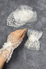 Beyaz Vualet Nikah Şapkası Saç Aksesuarı Ve Puanlı Hera Çift Bilek Aksesuarı