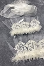 Beyaz Vualet Nikah Şapkası Saç Aksesuarı Ve Lavinia Çift Bilek Aksesuarı