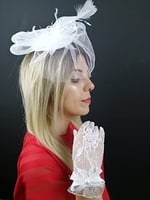 Beyaz Vualet Nikah Şapkası ve Beyaz Fiyonklu Eldiven