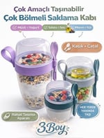 Beylini 3 lü Set Taşınabilir Kaşık+Çatal Kapaklı Yoğurt Müsli Granola Yemek Diyet Saklama Kabı Take and Go Bardak Kahvaltı Salata Hazırla Çık