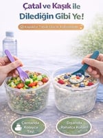 Beylini 3 lü Set Taşınabilir Kaşık+Çatal Kapaklı Yoğurt Müsli Granola Yemek Diyet Saklama Kabı Take and Go Bardak Kahvaltı Salata Hazırla Çık