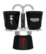 Bialetti - Stranger Things Set Mini Express: Ocak Üstü Espresso Pişirici + 2'li Seramik Isıya Duyarlı Shot Bardağı Seti, Renk Değiştiren, İndüksiyonlu Ocaklar İçin Uygun Değil, Siyah