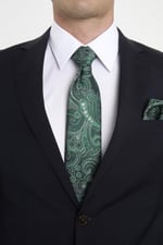 Bianze Yeşil Beyaz Şal Motif Desen Kravat Mendil Set