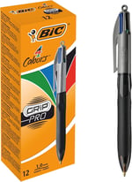 BIC 4 Colours Grip Pro Tükenmez Kalem 12'Li Kutu, Kauçuk Tutacak, 1.0mm Uç, Tek Kalemde Mavi, Kırmızı, Yeşil ve Siyah Renkler