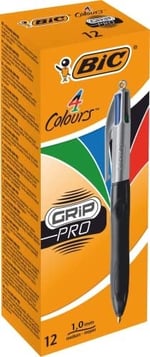 BIC 4 Colours Grip Pro Tükenmez Kalem 12'Li Kutu, Kauçuk Tutacak, 1.0mm Uç, Tek Kalemde Mavi, Kırmızı, Yeşil ve Siyah Renkler