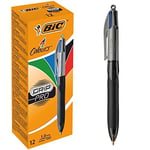 BIC 4 Colours Grip Pro Tükenmez Kalem 12'Li Kutu, Kauçuk Tutacak, 1.0mm Uç, Tek Kalemde Mavi, Kırmızı, Yeşil ve Siyah Renkler