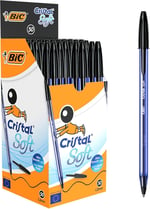 BIC Cristal Soft Tükenmez Kalem, Siyah, 50'li Kutu, 1.2 mm Orta Kalınlıkta Uç, Şeffaf Gövde, Delikli Kapak
